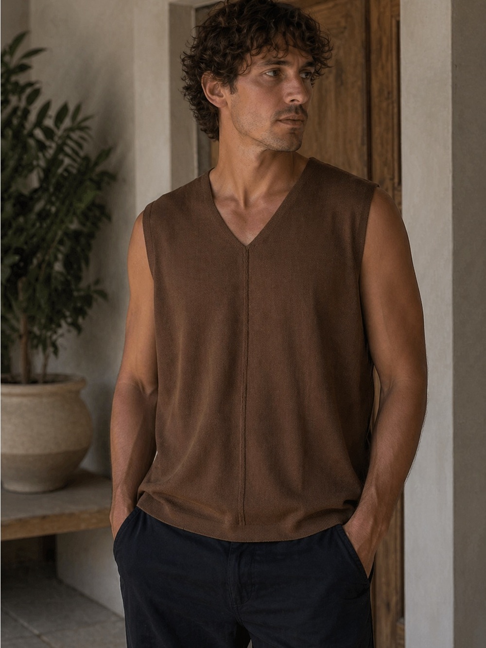 Reunion Men's V-Neck Sleeveless Knit Vest in Brown